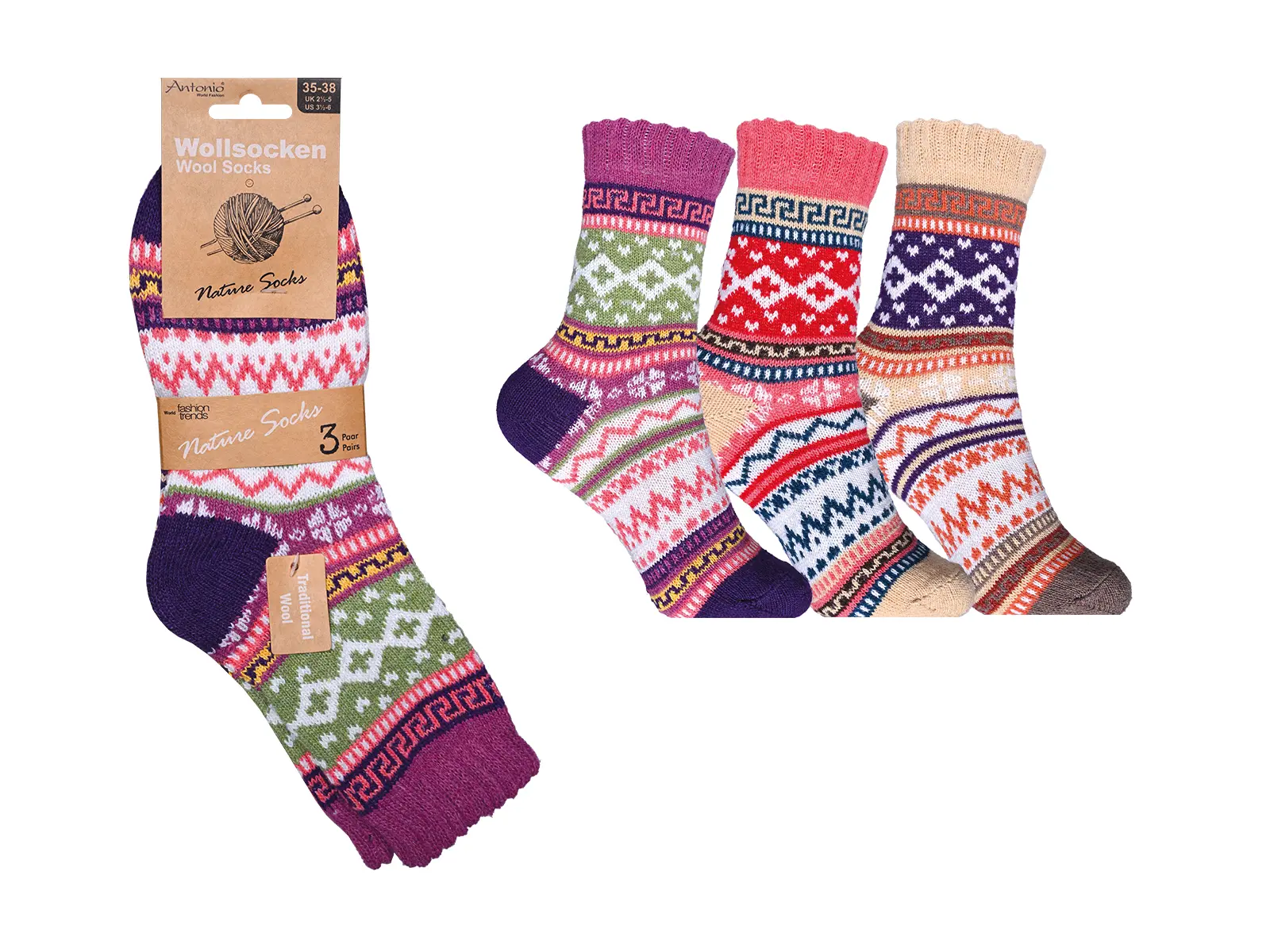 Wollsocken Damen Raute 3er Pack, Gr. 35-42